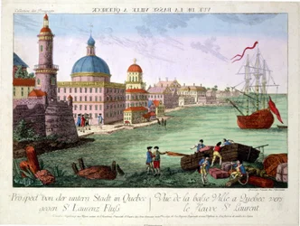 Vista da cidade baixa de Quebec em direção ao rio St. Lawrence. Gravura de Franz-Xavier Habermann