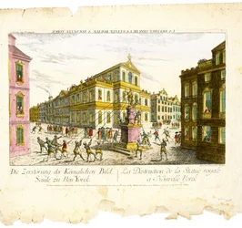 Vue d&39;Optique - A Destruição da Coluna da Imagem Real zu Neu Yorc (Vista Ótica - Destruição da Estátua Real em Nova York), c. 1776 (gravura e gravura com aquarela policromada sobre papel vergê)