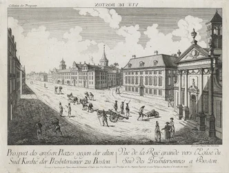 Vue d&39;Optique - Prospect des grossen Plazes gegen der Alten Sud Kirche der Presbiterianer zu Boston (Visão ótica - Visão das grandes praças em direção à Igreja Presbiteriana Old South em Boston), c. 1776 (gravura e gravura, sem cor em papel vegetal)