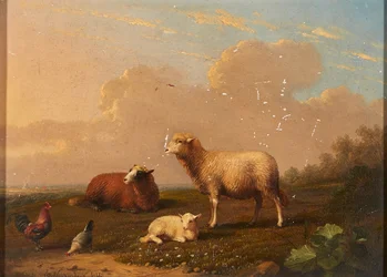 Ovelhas e galinhas em um prado (óleo no painel)