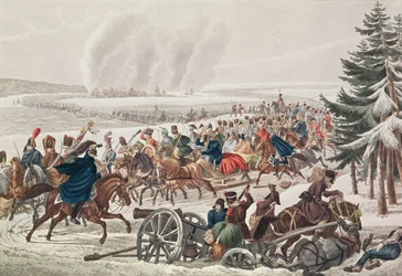 Retiro do exército francês sobre o rio Berezina, 26 de novembro de 1812, gravado por JA Klein