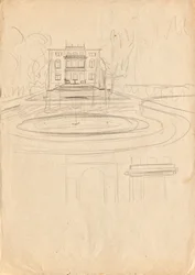 Esboços de design para Matcha Atelier Villa - vista do jardim com fonte
