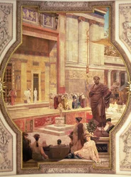 O teatro grego em Taormina, na Sicília, de uma série sobre a história do teatro (pintura de teto)