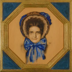 Marie avec un chapeau (tipo capot) - Filha Maria com um chapéu de Poke - Franz-Ritter (Franz Ritter) von Stuck (1863-1928). Gouache, pastel e carvão sobre papelão Dimensão : 55x49,3 cm Coleção Privada