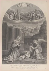 A Virgem Maria adorando o Menino Jesus, um anjo segurando uma coroa de espinhos à direita,..., ca. 1729.