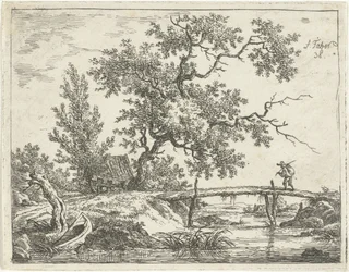 Paisagem com homem na ponte