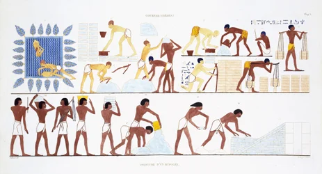 Fabrico de tijolos, de um Raro Registo de Frescos de Tebas, gravado em 1819-1822 na sua segunda visita ao Egipto por Frederic Cailliaud (1787-1869), cor litho