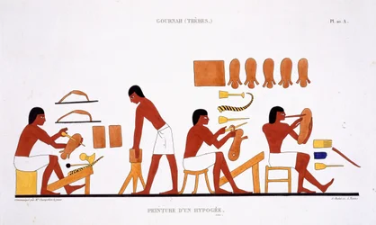 Marroquinistas de um Raro Registo de Frescos de Tebas, gravado em 1819-1822 na sua segunda visita ao Egipto por Frederic Cailliaud (1787-1869), cor litho