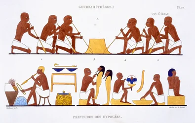 Metalurgia, de um Raro Registo de Frescos de Tebas, gravado em 1819-1822 na sua segunda visita ao Egipto por Frederic Cailliaud (1787-1869), cor litho