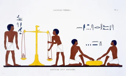 Rituais da Morte (assunto pouco claro), de um Raro Registo de Frescos de Tebas, gravado em 1819-1822 na sua segunda visita ao Egipto por Frederic Cailliaud (1787-1869) (cor litho)