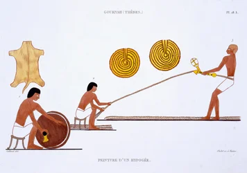 Tanner e Ropemaker, de um Raro Registo de Frescos de Tebas, gravado em 1819-1822 na sua segunda visita ao Egipto por Frederic Cailliaud (1787-1869), cor litho