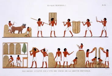 Transporte, Armazenamento e Gravação das lojas de cereais, a partir de um Raro Registo de Frescos de Tebas, gravado em 1819-1822 na sua segunda visita ao Egipto por Frederic Cailliaud (1787-1869), cor litho
