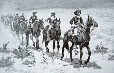 Soldados Búfalos dos EUA marchando no deserto, a partir de um desenho de 1888 (gravação)