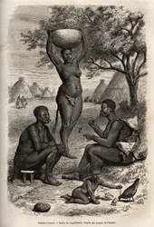 Tipos e actividades de mulheres Bongos (Sudão Central), com os seus adornos metálicos, sinos e agrafos que colocam nas orelhas e lábios, gravados após o desenho de Laguillermie, ilustrando a viagem ao coração de África em 1868-1871, pelo Dr. Geor