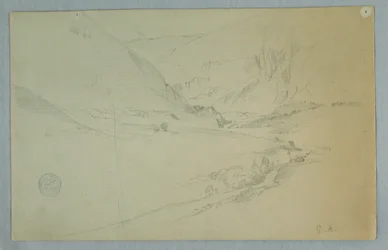 Desenho, Vale da montanha andina com riacho sinuoso, Colômbia ou Equador, 1857