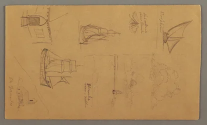 Desenho, Estudos de barcos, Estudo de nuvens, Dois edifícios, possivelmente 1868