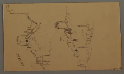 Desenho, Estudos de barcos, Estudo de nuvens, Dois edifícios, possivelmente 1868