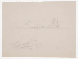 Desenho, Esboços botânicos: paisagem, árvores numa margem, setembro de 1876