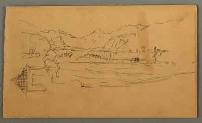 Desenho, Vale largo, barracão, St. Gilgen, Áustria, possivelmente 1868