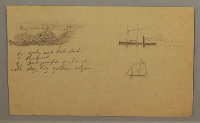 Desenho, Estudo de nuvens, navio a vapor, barco à vela, possivelmente 1865-66