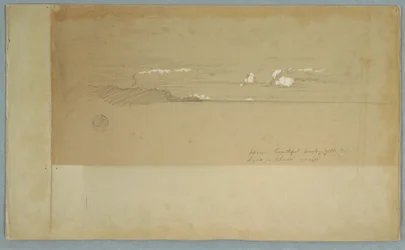 Desenho, Céu nublado sobre um terreno montanhoso e arborizado, possivelmente 1857