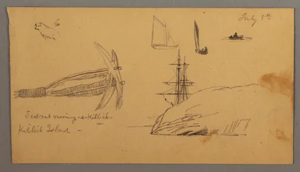 Desenho, Cão, estudos de barco à vela, âncora, falésias, possivelmente 8 de julho de 1859