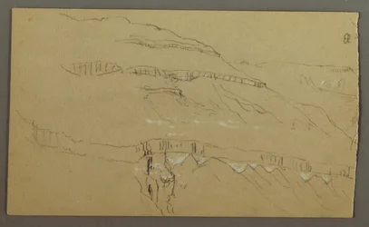 Desenho, Vale do Iémen, Arábia: Parede rochosa com a parte superior semelhante a uma fila de colunas, 20 de fevereiro de 1868