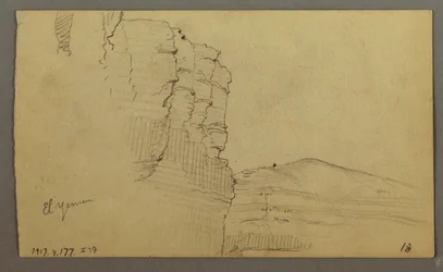 Desenho, Vale do Iémen, Arábia: Parede rochosa com a parte superior semelhante a uma fila de colunas, 20 de fevereiro de 1868