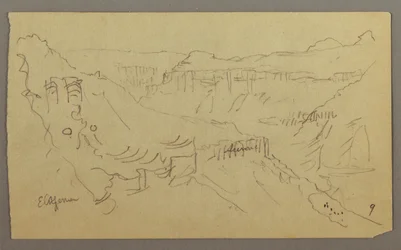 Desenho, Vale do Iémen, Arábia: Vista de um vale sinuoso com uma caravana, 20 de fevereiro de 1868