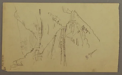 Desenho, Vale do Iémen, Arábia: Vista de um vale sinuoso com uma caravana, 20 de fevereiro de 1868