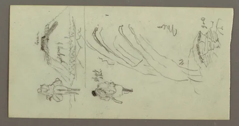 Desenho, Figura montada num camelo, Figura a caminhar, Hilside e Hilltop, possivelmente 1868