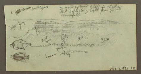 Desenho, Figura montada num camelo, Figura a caminhar, Hilside e Hilltop, possivelmente 1868
