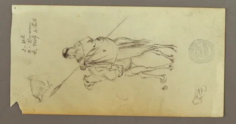 Desenho, Figura montada num camelo, carregando uma lança, dois estudos de figuras, possivelmente 1868