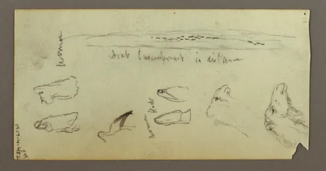 Desenho, Figura montada num camelo, carregando uma lança, dois estudos de figuras, possivelmente 1868