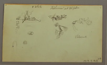 Desenho, Estudos de figuras, burro de carga, barco à vela, possivelmente 1868