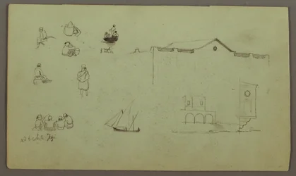 Desenho, Estudos de figuras, Barco à vela, Estudos arquitectónicos, possivelmente 1868