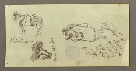 Desenho, Cavalo, Figura de costas, Árvores, possivelmente 1868