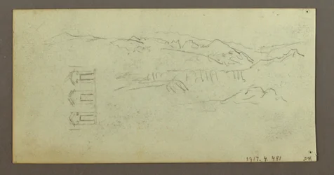 Desenho, Cavalo, Figura de costas, Árvores, possivelmente 1868