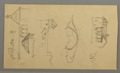 Desenho, Casa, Ponte, Castelo, Telhados, agosto de 1868