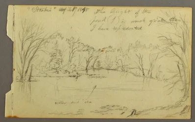 Desenho, Htakie () lagoa rodeada de árvores, 1845