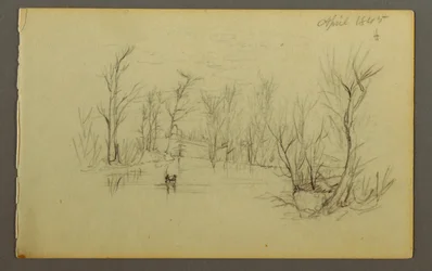 Desenho, lagoa Htakie (), duas pessoas em canoa, 1845