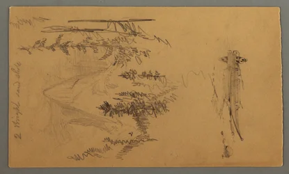 Desenho, Homem num barco, Rocky Peak over Pines, possivelmente 1868
