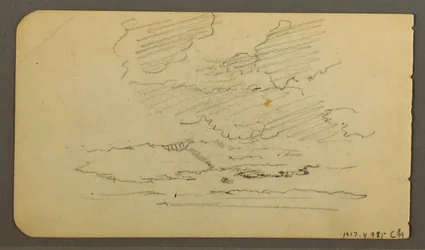 Desenho, Homem num barco, rochedos, tronco de árvore, árvores, 1878