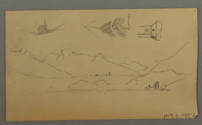 Desenho, Castelo Medieval, Duas Torres, Estudos de Figuras, perto de Thun, possivelmente 1868