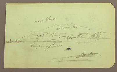 Desenho, Paisagem de montanha; Verso: Figura sentada, montanha, 1883