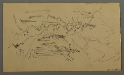 Desenho, Picos da montanha, duas figuras num barco a remos, agosto de 1868