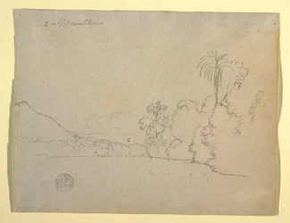Desenho, margem montanhosa de uma baía, América do Sul, 1853