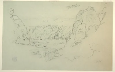 Desenho, Petra, Jordânia a partir do Oeste, mostrando o Palácio e os Túmulos de Corinto, 26 de fevereiro de 1868