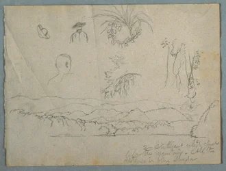 Desenho, margem de rio com montanhas e nuvens, três esboços botânicos e estudos de bustos de homens com chapéus, 1853