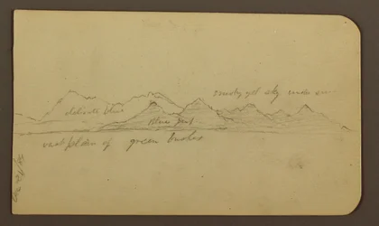 Desenho, montanha escarpada numa planície; verso: figuras, paisagem, 12 de dezembro de 1884